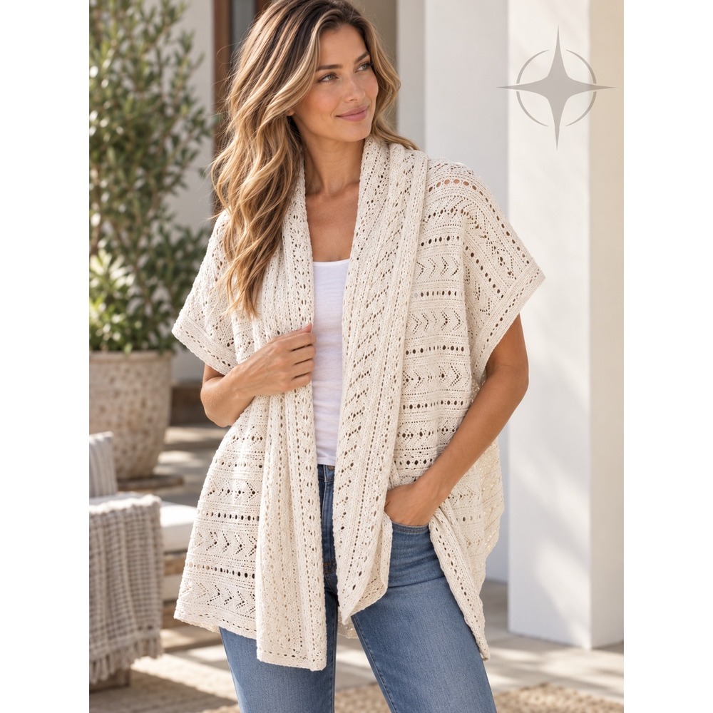 Cabi Cardigan Women S Cream Boho Cotton Pointelle Cable Knit Shawl Boho Sweater